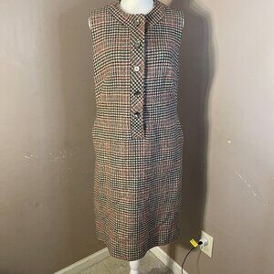 Vtg Seaton Hall 100% Virgin Wool Sleeveless Button Dress Brown Plaid Sz 13/14
